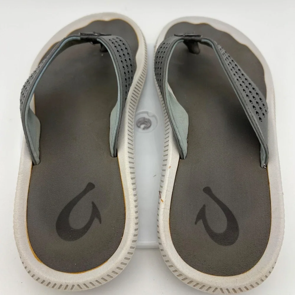 OLUKAI Ulele Mens Flip Flop Sandal Shoe Thong Gray White Grey Beach Stone 9